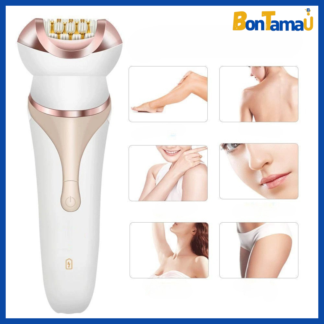 جهاز إزالة الشعر الكهربائي والمُدلك القابل لإعادة الشحن – 4 في 1 للعناية الشاملة ببشرتك