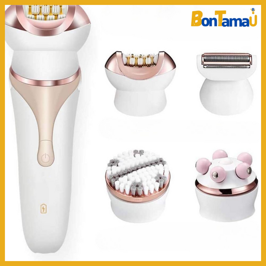 ‫جهاز إزالة الشعر الكهربائي والمُدلك القابل لإعادة الشحن – 4 في 1 للعناية الشاملة ببشرتك‬
